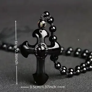 1pc Classic Religious Style Christian Cross Fashion Obsidian Pendant Necklace‎ thumbnail 10