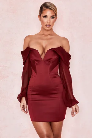 House Of CB 'Olivia' Wine Satin Off Shoulder Dress. Size Large thumbnail 10