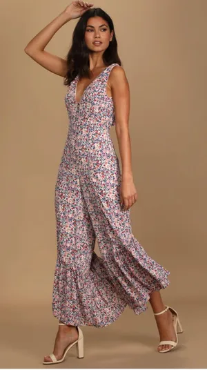 Lulus Make it Beautiful Cream Floral Print Ruffled Tie-Back Jumpsuit thumbnail 1