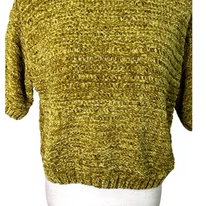 Open Edit Gold Olive Green Cropped Sweater Short Sleeve Knit Top S. NWT Textured thumbnail 5