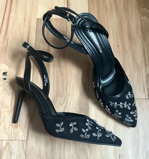 NEW BCBGeneration Black Rhinestone-Embellished Pointed Toe Ankle-Strap Heels thumbnail 1