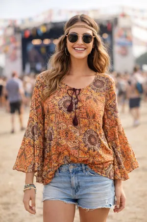 Love Fire Sheer Blouse Boho Fairy Gypsy Festival sz L peach‎ tassel neckline thumbnail 1