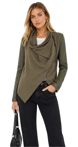 NWT BlankNYC Mixed Media Draped Moto Jacket Olive Green Size XS thumbnail 1