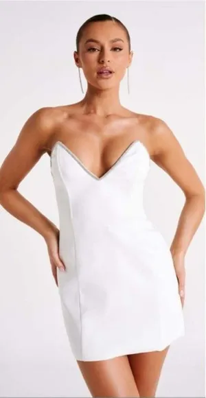 NWT Meshki Suiting Mini Dress XL White Diamante Rope Crystal Trim Strapless thumbnail 1