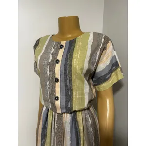 Vintage Style Abstract Stripe Midi Dress Short Sleeve Elastic Waist Earth Tones thumbnail 4
