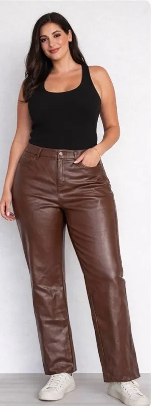 Princess Polly Brown Faux Leather Straight-Leg Pants thumbnail 1