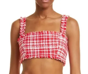 Self Portrait Red & White Boucle Square-Neck Crop Top size 6 thumbnail 1