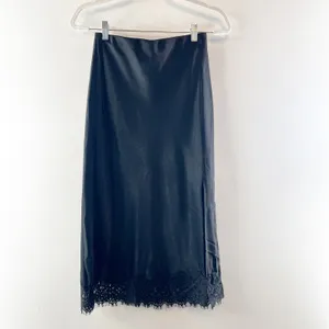 Sanctuary Evereve Satin Midi Slip Skirt with Lace Hem and Slit Black Small thumbnail 3