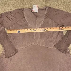 POL boho Long Sleeve V Neck Tunic Top Ribbed Knit Casual Blouse pink‎ beige thumbnail 7