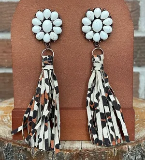 Faux White Buffalo Cluster Earrings with Leopard Fringe thumbnail 1