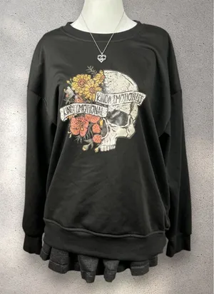 "Kinda Emotional" Flower Skull Sweatshirt Women’s M Black Gothic Emo Grunge Girl thumbnail 1