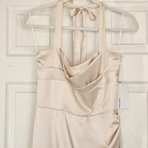 Reformation Solana Satin Dress Almond Beige Halter Midi‎ Cowl Neck 8 NEW Bridal thumbnail 7