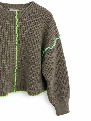 New IN Women’s Waffle Knit Sweater Medium Brown Neon Contrast Stitch thumbnail 4