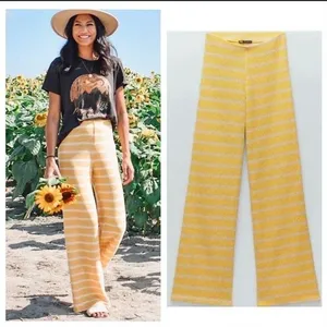 Zara Women Yellow White Striped Knit Wide Leg Pants High Rise Boho Summer Small thumbnail 2