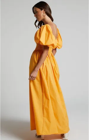 Showpo Raiza Shirred Waist Puff Sleeve Midi Dress in MARIGOLD 2 NWT thumbnail 3