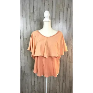 Free‎ People Women's Medium Girl Talk Ruffle Linen Blend Top Sunny Peach Blouse thumbnail 2