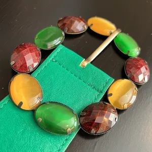Pieces Verinda belt, multi color bejeweled buckle, green retro belt,43” length thumbnail 1