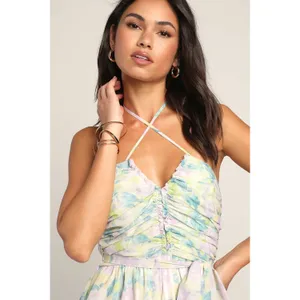 NWT Lulus Effortlessly Abloom Green Multi Floral Ruched Halter Maxi Dress Size L thumbnail 9