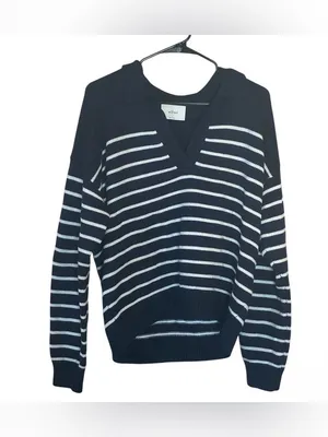Wilfred Navy and White Striped V-Neck Polo Sweater large thumbnail 2