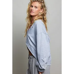 POL Exposed Outseam Crochet Patch V-Neck Sweatshirt with Open Wrap - Large thumbnail 3