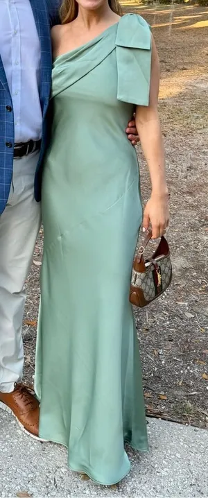 Azazie One-Shoulder Matcha Green Evening Gown thumbnail 1