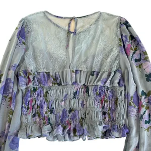 Free People Daphne Silver Blue Combo Lace Floral Print Blouse Size Medium thumbnail 12