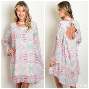 LAST Peach & Teal Multi Pattern Key Hole Dress Pink thumbnail 2