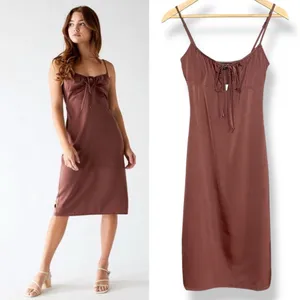 NWT Kendall +‎ Kylie Slip Drsss FLAWS Brown Size XS Midi Tie Milkmaid Satin thumbnail 3