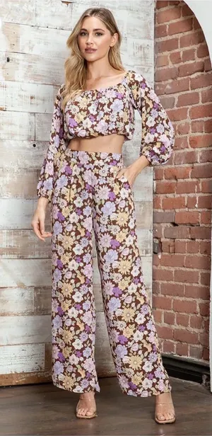Le Lis Retro Floral Off-Shoulder Crop Top & Wide Leg Pants Two-Piece Set thumbnail 1