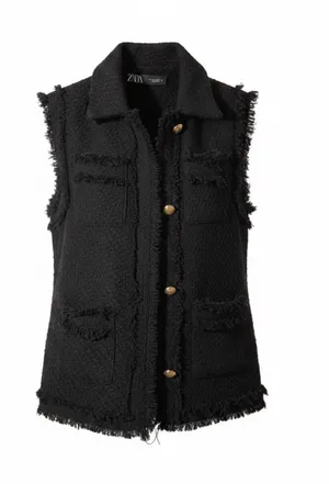 Zara Black Textured Tweed Waistcoat with Frayed Trims and Gold Buttons thumbnail 1