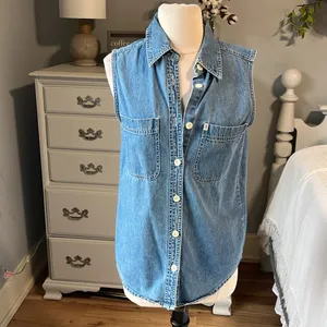 Riders By Lee Denim Jean Top Womens Small Button Down Collar Shirt Sleeveless Cotton thumbnail 6