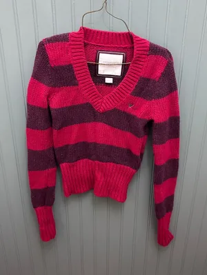Y2K American Eagle Womens Pink Purple Striped V-Neck Chunky Knit‎ Sweater Small thumbnail 1