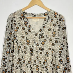 Melloday Babydoll Tunic Top Womens Size Small Tan Floral V-Neck Long Sleeve Boho thumbnail 3
