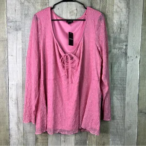 Torrid Size 4(4X)(26) Pink Long Sleeve Top Embroidered Stretch Mesh Tie Front thumbnail 3