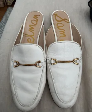 Sam Edelman White Leather Mule Slides with Gold Horsebit thumbnail 1
