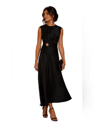 House of Harlow Elegant Black Sleeveless Maxi Satin Slip Dress with Front Twist thumbnail 2