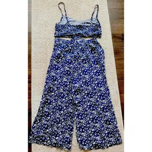 Aerie Cut Out Side Cropped Wide Leg Jumpsuit Blue Floral Women's Large Cutout L thumbnail 6