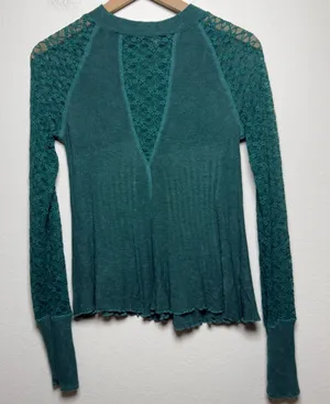 Free People Women No Limits Layering Top S Teal Lace Sleeve Back Cutout Coquette thumbnail 1