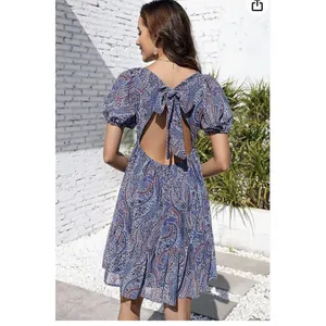 Kojooin Puff Sleeve Tie Back Ruffled Dress Navy Paisley Women’s XL NWT thumbnail 2