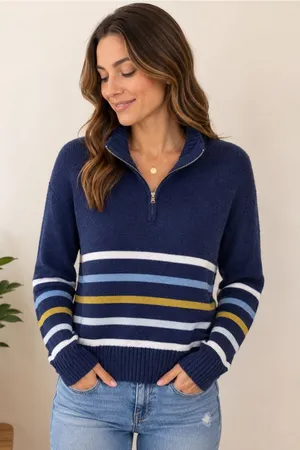 Eddie Bauer Women’s Small 100% Cotton Striped Quarter Zip Sweater Navy thumbnail 1