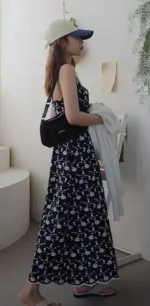 Navy Strappy Embroidered Dress thumbnail 2