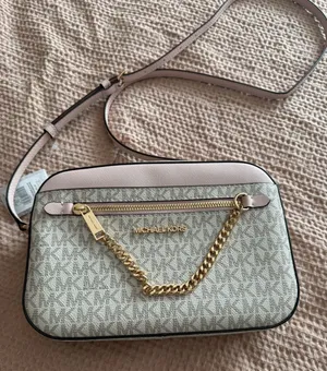 Michael Kors Beige Signature MK Crossbody with Pink Trim and Gold Chain thumbnail 1