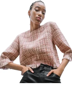 Zara Pink Tweed Top Blouse Zip Back Plaid Fringe Preppy M White Gray Cropped thumbnail 2
