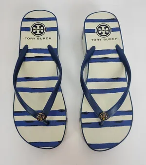 Tory Burch Womens Sandals Size 6.5 White and Blue Stripe‎ Slip On Heels thumbnail 1