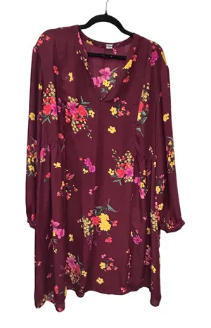 Old Navy Burgundy Floral Long Sleeve Semi-Sheer Shift Dress/Tunic Boho XXL thumbnail 1