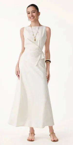 OGL Linen 2Pcs Boatneck Waist-Defined Top & Maxi Flared Skirt Small thumbnail 1