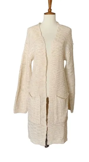 Poof! Slub Long Open Front Criss Cross Sweater Size Medium Cream‎ thumbnail 1