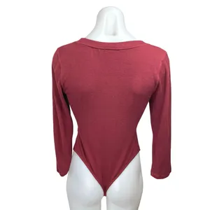Free People Hi Hon Wine Red Rib Knit Long Sleeve Scoop Neck Thong Bodysuit Top M thumbnail 2