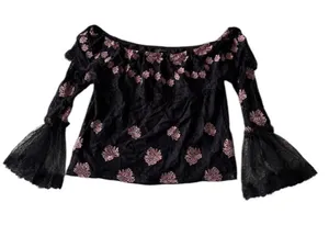 Adiva Womens Black‎ Pink Floral Lace Whimsigoth Witchy Off Shoulder Top Size Xl thumbnail 1