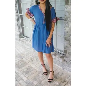 NWT Umgee USA Blue Floral Trim V Neck Button Front Babydoll Dress Size L Boho‎ thumbnail 3